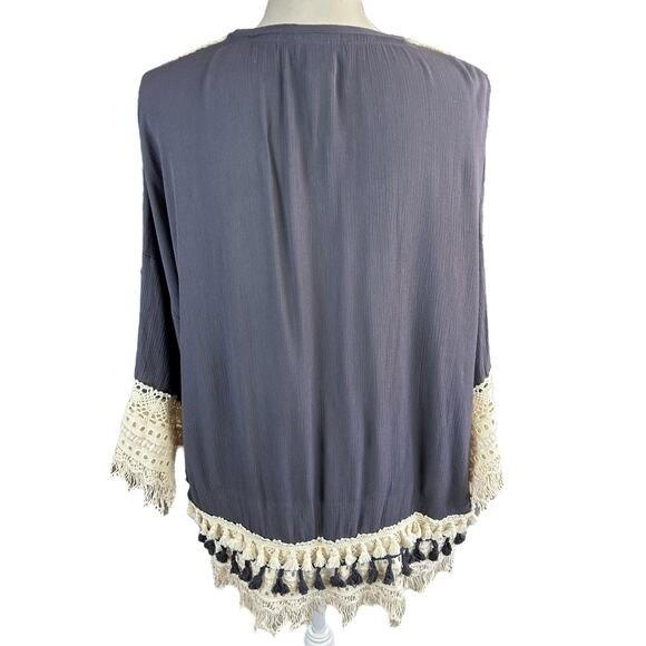 Weavers Open Front Cardigan Women Size S Gray Cream Fringe Crochet Boho Kimono - Picture 3 of 12